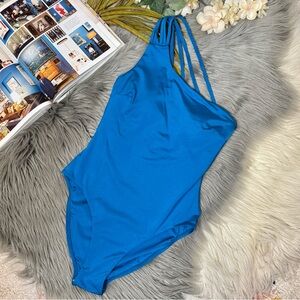 NWOT BCBGMAXAZRIA Cerulean Blue One Shoulder Strappy One Piece Swimsuit Sample S